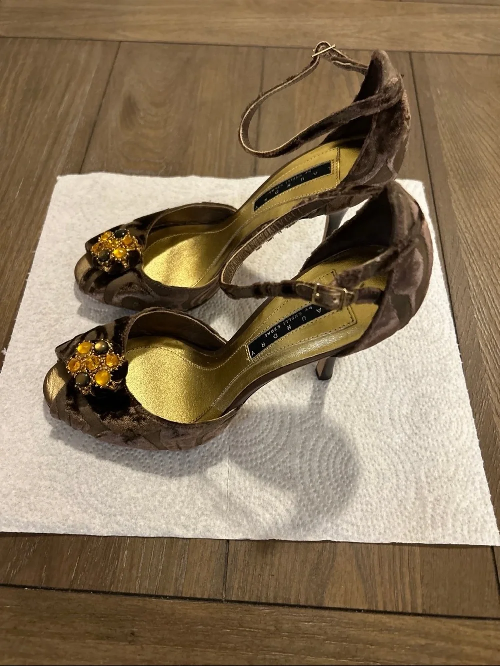 Laundry By Shelli Segal Brown Velvet Peep-Toe Heels with Amber Jewel Cluster